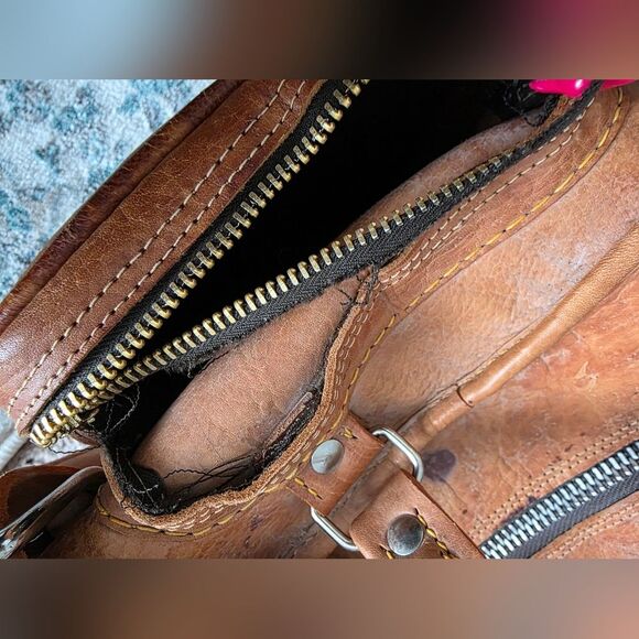 Tooled Leather Weekender Overnight Travel Handcrafted Structured Travel Bag Tan - Picture 7 of 16